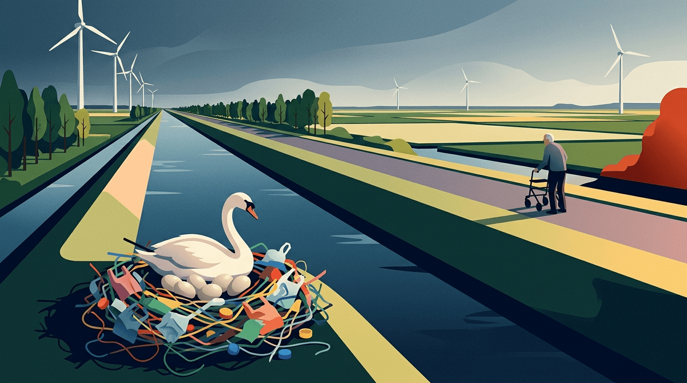 Zwaan in Emmeloord bouwt nest van zwerfplastic langs Espelervaart