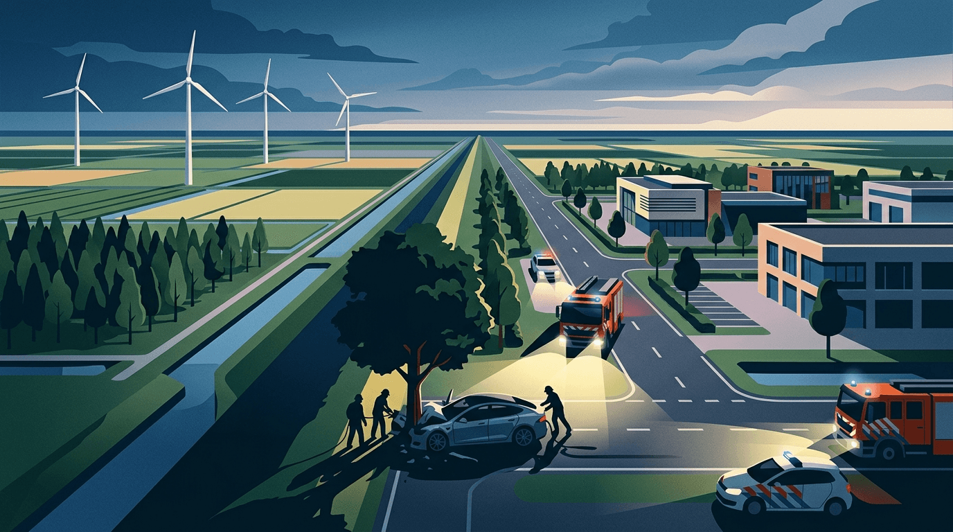 Tesla zwaar beschadigd na botsing tegen boom in Emmeloord